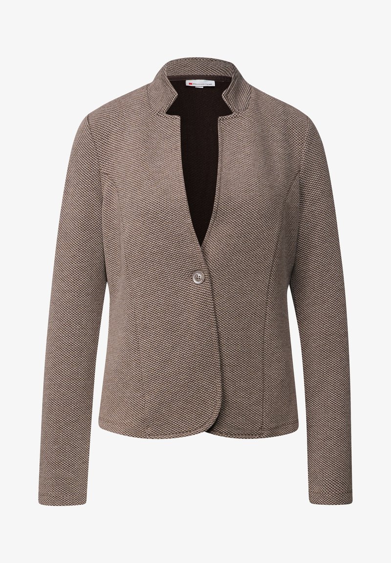 Texturovaný hnědý blazer s špičatým límcem, zapínáním na jeden knoflík a dlouhými rukávy. Hladká podšívka a přiléhavý střih.