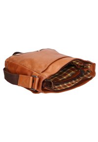 Borsa a tracolla in pelle marrone con finitura testurizzata, tracolla regolabile e rivestimento in tessuto a quadri. Dotata di numerosi scomparti con zip.