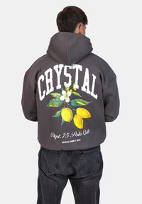 Felpa grigia con un grande e colorato design di limone e fiori sul retro. La parola "CRYSTAL" è in evidenza in lettere bianche sopra l'opera.