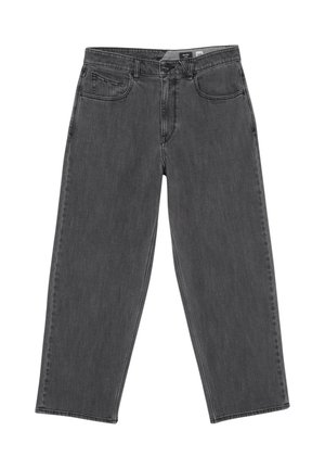 Zwarte denim wijde pijpen jeans met een licht vervaagde afwerking, vijf zakken en riemlussen. Schone uitstraling met rechte zomen en minimale detailing.