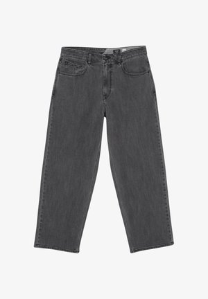 Schwarze weit geschnittene Jeans aus Denim mit leicht ausgewaschenem Finish, fünf Taschen und Gürtelschlaufen. Schlichtes Design mit geradem Saum und minimalen Details.