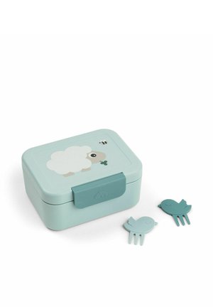 Light blue lunchbox with sheep and bee illustration, secured by a clip, accompanied by two small bird-shaped food picks.