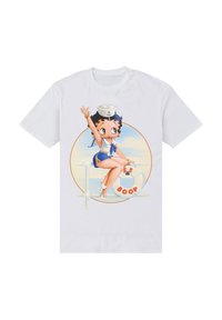 Weißes T-Shirt mit einem Cartoon-Mädchen in einem Matrosen-Outfit, mit einem blauen Band und Hut, das auf einem Rettungsring sitzt, mit dem Text "Boop."