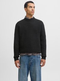 Mann trägt einen schwarzen, gestrickten Pullover über einem karierten Hemd und lockeren blauen Jeans, steht vor einem schlichten weißen Hintergrund.
