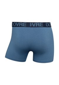 Herre boxerbriefs i et lysblåt stof, med et mørkeblåt elastisk taljebånd med tekst. Glat overflade, tætsiddende design og ingen synlige mønstre.