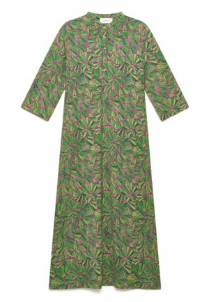 Vestito a maniche lunghe con bottoni, con motivo floreale astratto verde e beige su sfondo viola, con scollo rotondo e vestibilità ampia.