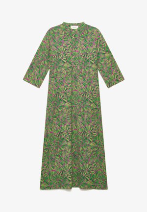 Vestito a maniche lunghe con bottoni, con motivo floreale astratto verde e beige su sfondo viola, con scollo rotondo e vestibilità ampia.
