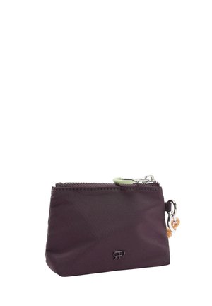 Mała prostokątna, ciemnofioletowa saszetka na zamek z srebrnym zamkiem błyskawicznym i metalowym kółkiem na klucze przymocowanym z boku.