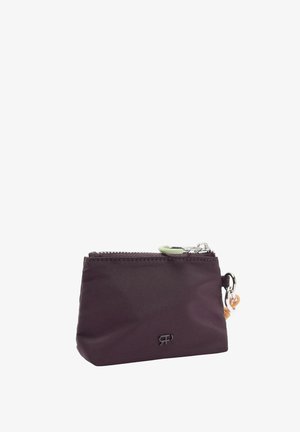 Mała prostokątna, ciemnofioletowa saszetka na zamek z srebrnym zamkiem błyskawicznym i metalowym kółkiem na klucze przymocowanym z boku.