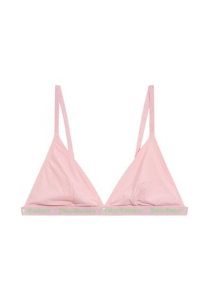 Rosa Dreiecks-Bralette aus weichem Stoff, mit dünnen Schulterträgern und einem Logo-Band in hellgrün am unteren Rand.