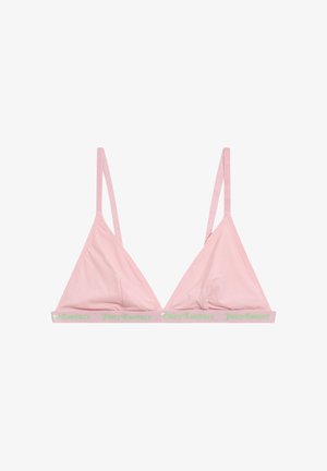Roze driehoekige bralette van zachte stof, met dunne schouderbandjes en een logo-band in lichtgroen aan de onderkant.