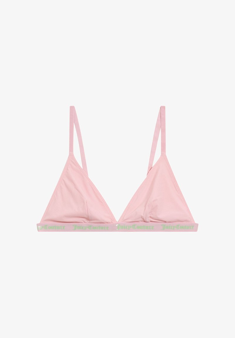 Roze driehoekige bralette van zachte stof, met dunne schouderbandjes en een logo-band in lichtgroen aan de onderkant.