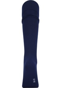 Marinblå knähöga strumpor med ribbad struktur, förstärkt tå och diskret logodetalj vid vristen. Tillverkade av ett mjukt, stretchigt tyg.