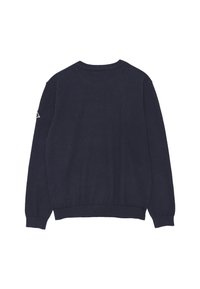 Maglione lavorato a maglia blu navy con scollo tondo e maniche lunghe. Presenta polsini e orlo a costine, con un piccolo logo sulla manica sinistra.