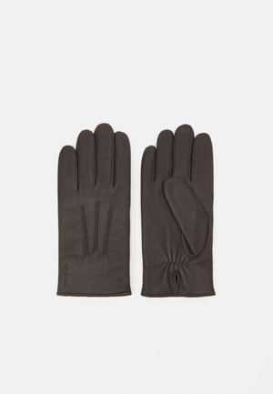 Brown leather gloves with three vertical stitching details on the back, snug elastic cuff, and smooth finish. Casual design with classic shape.
