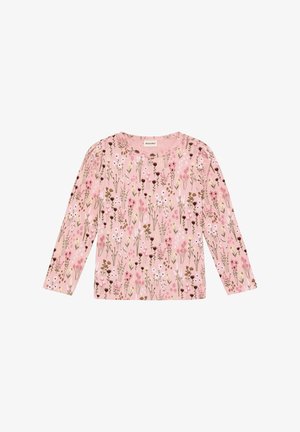 Top z długim rękawem w miękkim różowym materiale, ozdobiony kwiatowym wzorem z różnymi kwiatami w odcieniach różu, bieli i brązu. Okrągły dekolt.