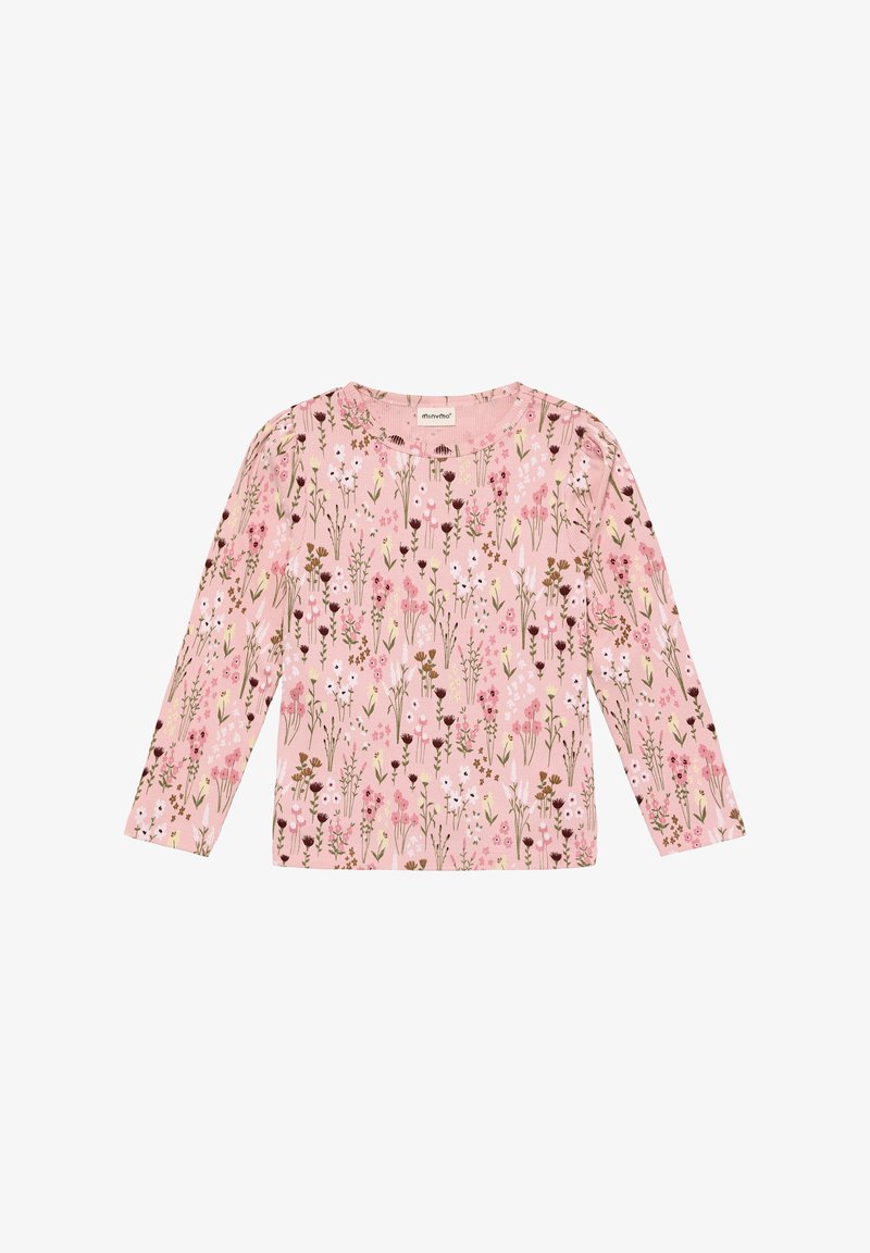 Top met lange mouwen in zachtroze stof met een bloemmotief met verschillende bloemen in tinten roze, wit en bruin. Ronde halslijn.