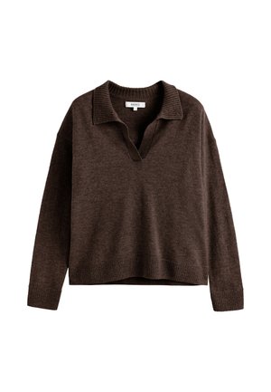Maglione marrone con colletto a coste, design a V, maniche lunghe, vestibilità rilassata e texture dell'orlo a coste.
