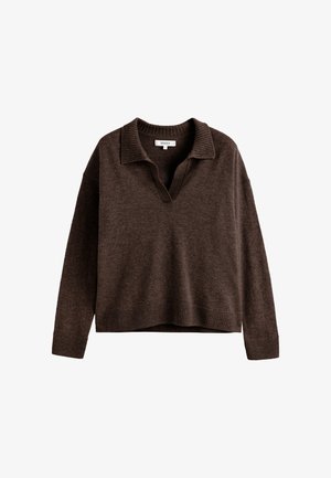 Brauner Pullover mit geripptem Kragen, V-Ausschnitt und langen Ärmeln, entspannter Passform und gerippter Saumstruktur.