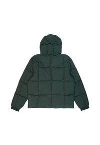 Giacca a vento verde scuro con cappuccio, caratterizzata da un motivo a griglia e polsini elasticizzati. Leggera con dettagli trapuntati cuciti.