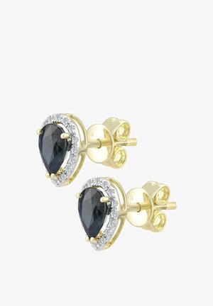 Naušnice na pričvršćivanje od pozlaćenog metala s crnim dragim kamenom u obliku kapljice, okružene oreolom malih prozirnih kamenčića s poliranim završetkom.