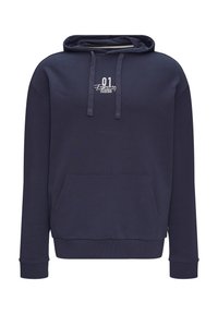 Marineblauwe hoodie met een voorzak, koordje aan de capuchon en bedrukte logo op de borst. Gemaakt van zachte, textuurrijke stof.
