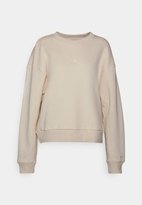 Sweatshirt beige à manches longues Adidas avec col rond, poignets et ourlet côtelés, petit logo sur la poitrine et texte All-SZN sur le poignet gauche.