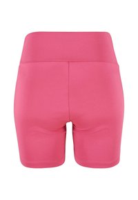 Rozā sporta šorti ar augstu elastīgu jostasvietu. Gluda tekstūra, pieguļošs dizains un vidus ceļa garums. Šuvju detalizācija aizmugurē.