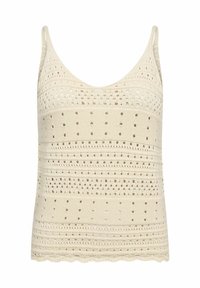 Brede gebreide tanktop in lichtroom, met openwerk patronen en een golvende rand. Verstelbare spaghettibandjes met een losse pasvorm.