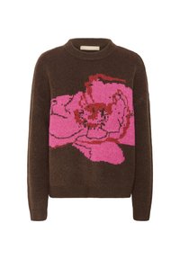 Brown knitted sweater featuring a large pink floral design on the front. Crew neck, long sleeves, soft texture, and relaxed fit.
