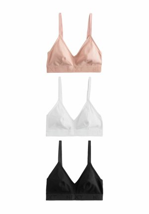 Három bordázott háromszög alakú bralette felső rózsaszín, fehér és fekete színekben, állítható vállpántokkal és rugalmas alsó szegéllyel.