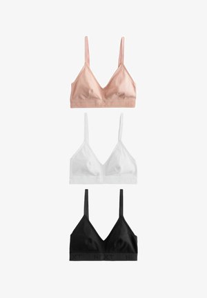 Tre ribstrikkede trekant-bh'er i pink, hvid og sort med justerbare skulderstropper og elastiske underbånd.