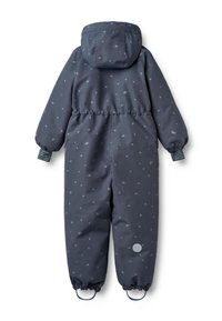 Tumehall laste lumekombinesoon kapuutsiga, kummiga vöökohal, mustriga detailidega ja elastsete mansettidega. Alumisel säärel on ümar logo.
