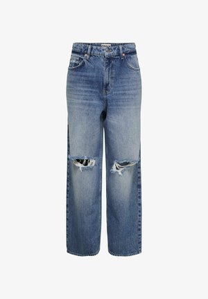 Jeans bleu droit avec taille haute et grandes déchirures sur les deux genoux, avec poches avant et passants pour ceinture.