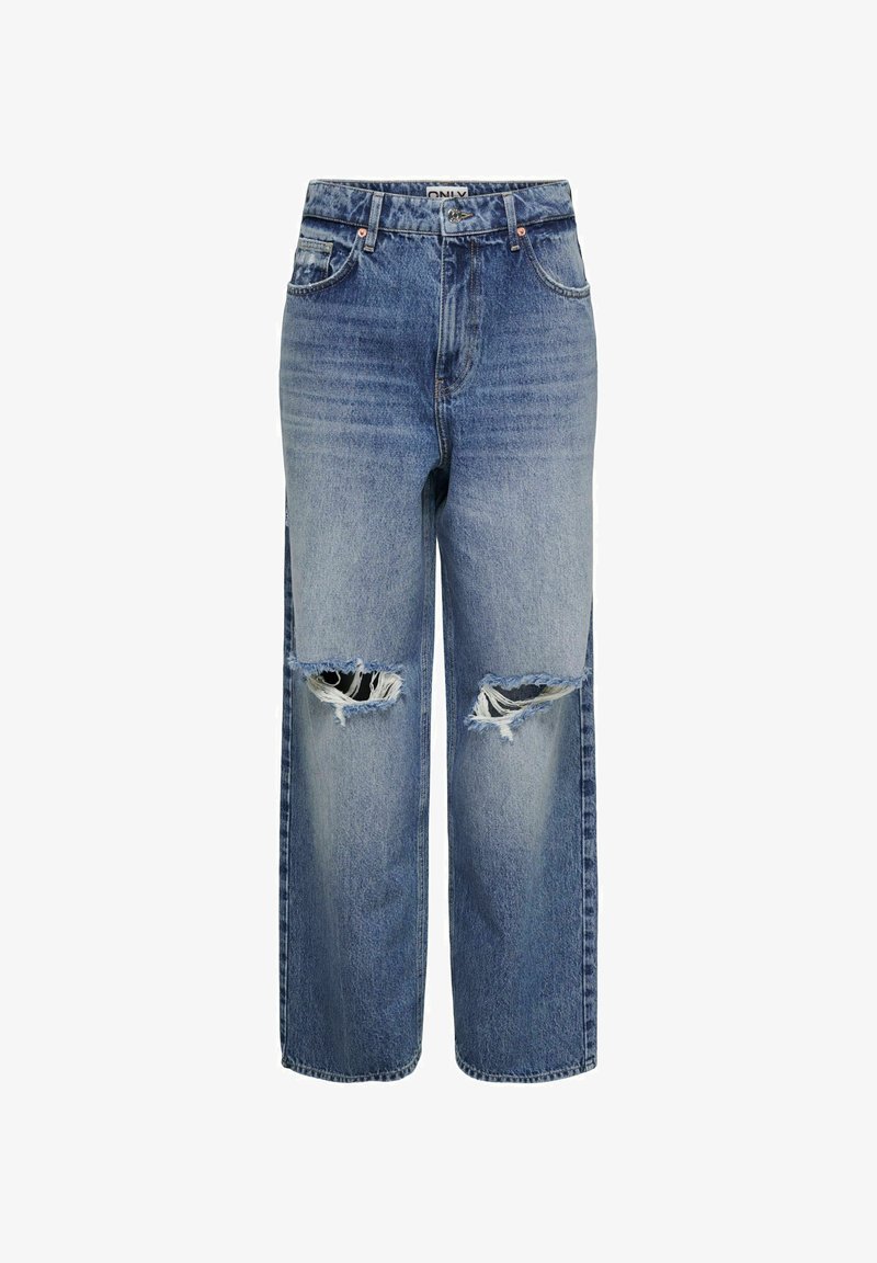 Jeans bleu droit avec taille haute et grandes déchirures sur les deux genoux, avec poches avant et passants pour ceinture.