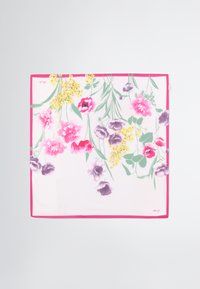 Silk scarf med et blomsterprint med lyserøde, lilla og gule blomster på en hvid baggrund, kantet i klart pink.