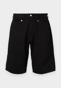 Shorts negri din denim cu un design clasic, având buzunare frontale și accesorii metalice. Materialul are o textură netedă și rezistentă.