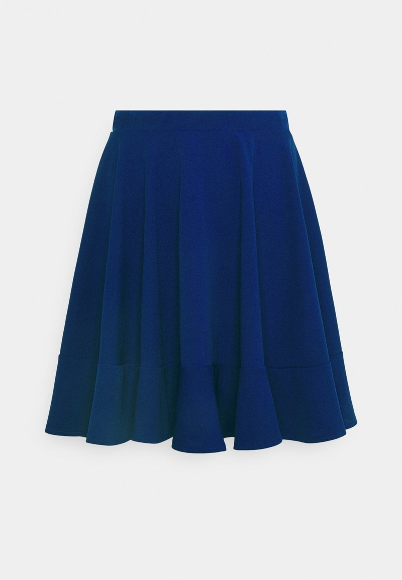 Navy blue flared skirt made of soft fabric, featuring pleated design and a ruffled hem, with a smooth waistband.