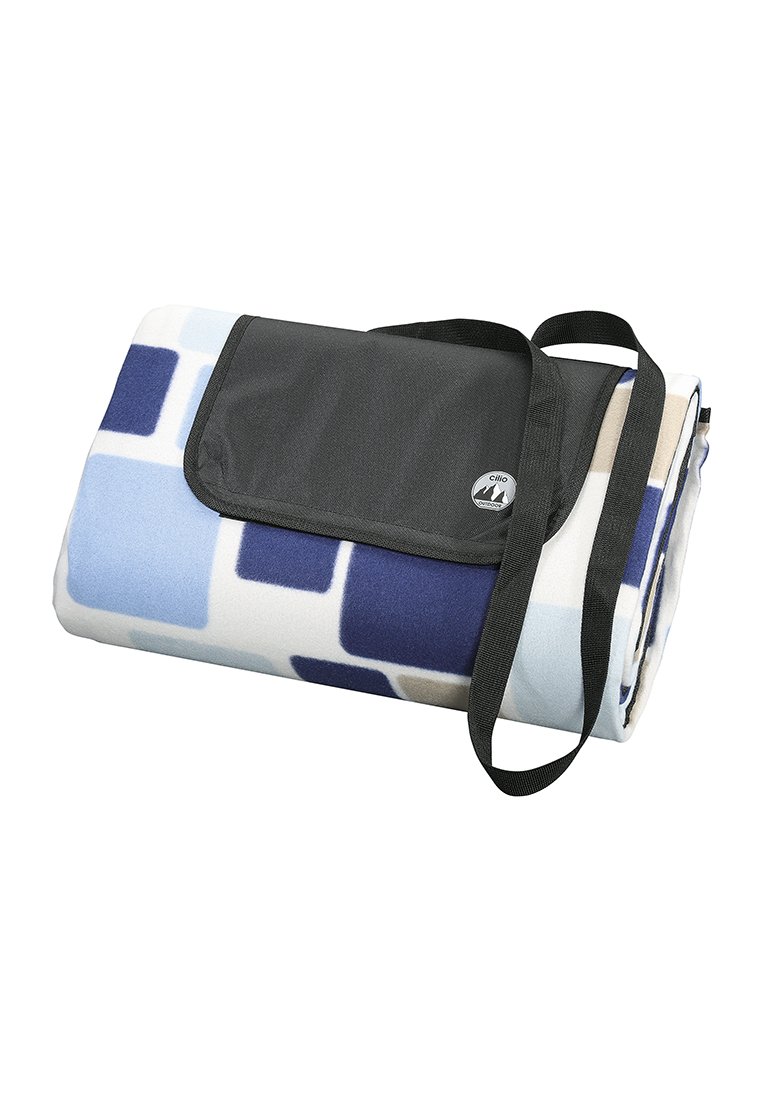 Folded fleece blanket featuring a geometric pattern with blue and white shades, secured with a black flap and strap for easy carrying.