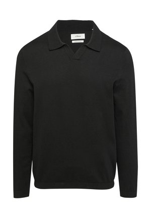 Black long-sleeve polo shirt with a V-neckline, ribbed collar and cuffs, made from a smooth fabric with a subtle texture.