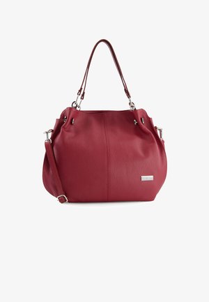 Red textured leather handbag with a rounded body, dual top handles, and adjustable shoulder strap. Features silver accents and a logo plaque.