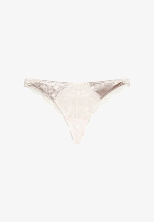 Lace underwear in blush and soft grey velvet, featuring scalloped edges, floral lace detailing at the front, and a thong cut design.