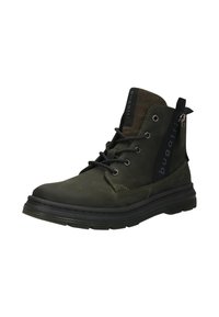 Dunkelgrüne Leder-Ankle-Boots mit schwarzen Schnürsenkeln, einer dicken schwarzen Sohle und einem seitlichen Etikett mit Logo. Ausgestattet mit gepolstertem Schaft und gesteppten Akzenten.