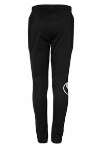 Zwarte sportieve broek met een slim fit ontwerp, geweven textuur op de zijzakken en een reflecterend logo op het onderbeen. Ontspannen tailleband.