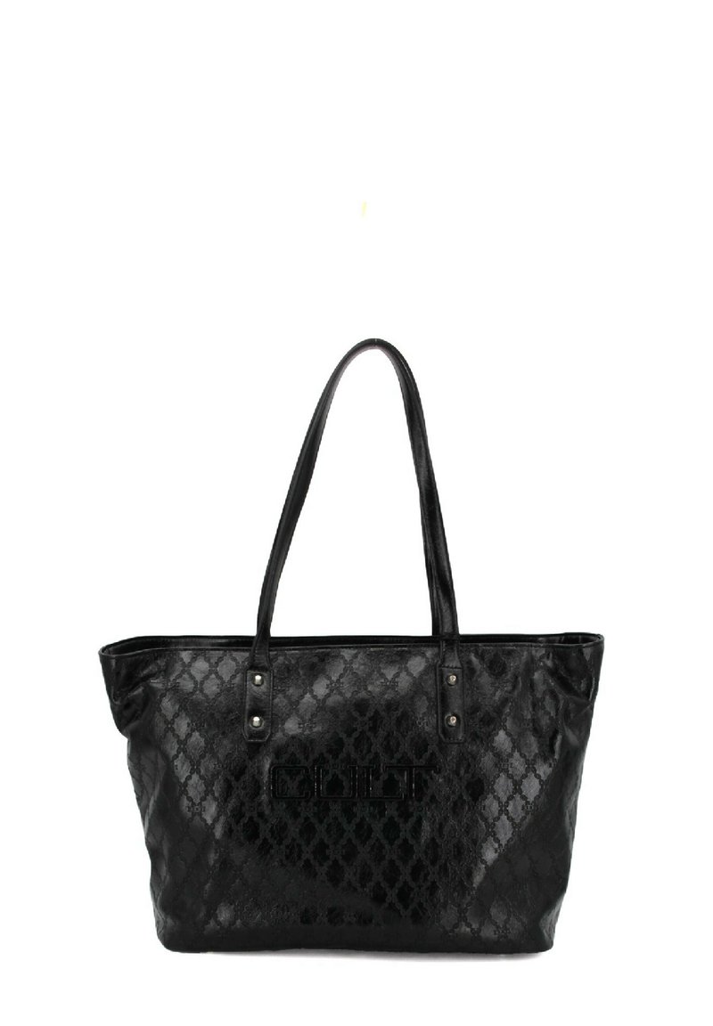 Borsa tote nera realizzata in materiale testurizzato con motivo a diamante, dotata di due manici lunghi e un logo tono su tono sul davanti.