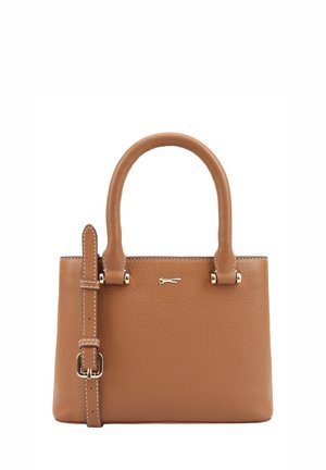 Sac à main en cuir marron avec une surface texturée, deux poignées, une bandoulière amovible et un logo doré sur le devant.