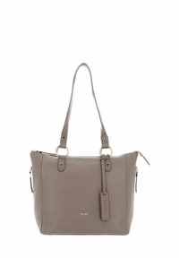 Gray leather tote bag with dual shoulder straps, dual zip closure, and a detachable tag. Features silver hardware and a smooth texture.