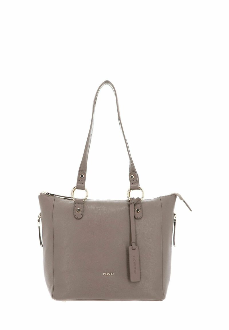 Gray leather tote bag with dual shoulder straps, dual zip closure, and a detachable tag. Features silver hardware and a smooth texture.
