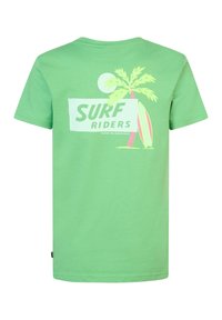 Zelené bavlněné tričko s potiskem "SURF RIDERS", grafikou palmy a surfařské desky na zadní straně. Krátké rukávy a klasický kulatý výstřih.