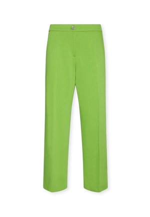 Pantaloni verdi a gamba dritta a vita alta con chiusura frontale con bottone e cerniera, mostrati su sfondo bianco.